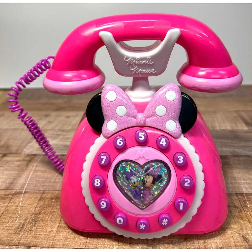 Disney Minnie Mouse Pink Toy Play Phone With Glitter Bow  Dial Buttons Lights Up